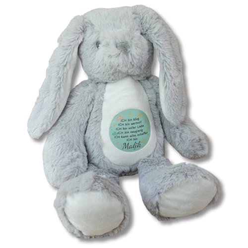 Personalisiertes Kuscheltier mit Namen | Geschenk zur Geburt Junge & Mädchen | Mutmach Hase mit Affirmation | Einschulung Geschenk | Handbedruckt in Deutschland (Hase) von mamir home
