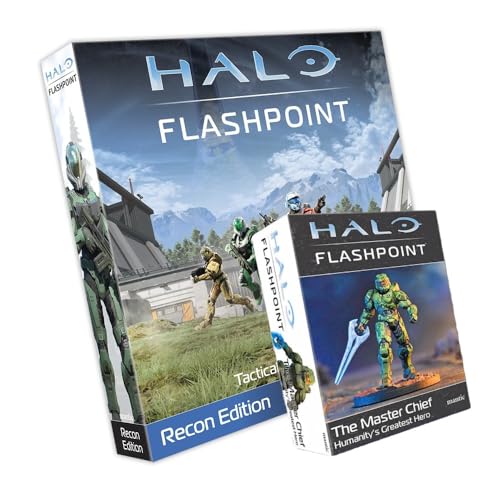 mantic Halo: Flashpoint – Recon Edition Starter-Set + Master Chief Miniatur, taktisches Tisch-Miniatur-Spiel, 8 unlackierte Spartaner, Kartengelände, Würfel und Karten, mit kostenloser Master von mantic