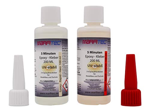 marfitec© 5-Minuten-Epoxy UV-stabil 200ml (Epoxidharz 100ml, Epoxidhärter 100ml) 2 Komponenten Kleber auf Epoxidharz Basis, 2K Kleber mitUV Beständigkeit von marfitec