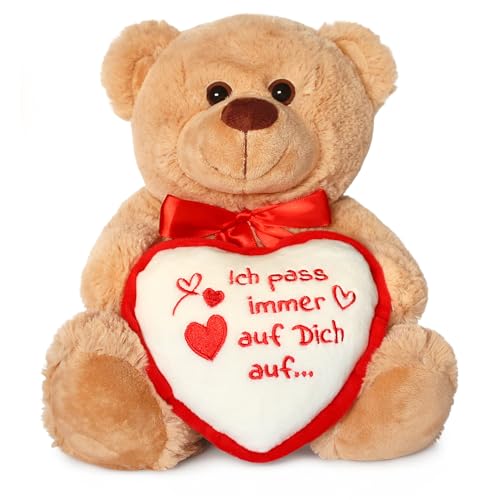 matches21 HOME & HOBBY Teddybär mit Herz ICH Pass AUF Dich AUF Plüschteddy braun 25 cm süßes Valentinstag Kuscheltier Liebe Geschenk von matches21 HOME & HOBBY