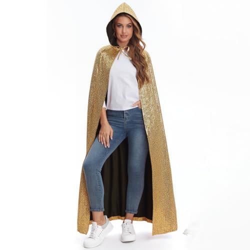 maxToonrain 1970er Jahre Disco-Kostüm für Herren und Damen, Abba-Kostüm, Erwachsene, volle Länge, glitzernd, Umhang für Halloween, Weihnachten, Karneval, Mama, Mia, Retro-Party, Gold, 150 cm von maxToonrain