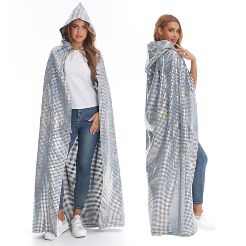 maxToonrain 1970er Jahre Disco-Kostüm für Herren und Damen, Abba-Kostüm, Erwachsene, volle Länge, glitzernd, Umhang für Halloween, Weihnachten, Karneval, Mama, Mia, Retro-Party, Silber, 150 cm von maxToonrain