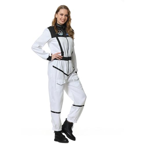 maxToonrain Astronauten-Kostüm für Erwachsene, lustiger Wissenschaftler, Raumfahrer, silberfarbener Overall, Weltraum, Halloween, Weltbuchtag, Kostüme für Damen (A-Weiß, M) von maxToonrain