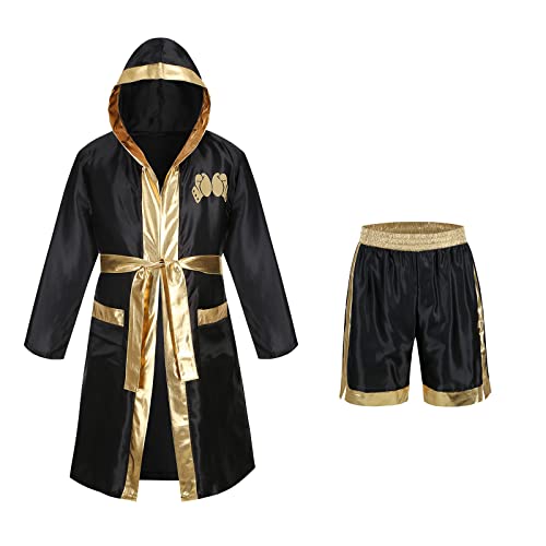 maxToonrain Boxer-Kostüm für Herren, lustig, Erwachsene, Halloween-Kostüme, lustiger Fleckendruck, Kapuzen-Box-Kostüm, Robe + Shorts, Outfit (Gold, M) von maxToonrain