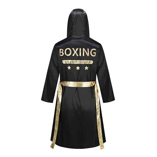 maxToonrain Boxkostüm für Herren, mit Kapuze, Bademantel, Shorts, Satin, Box-Kostüm, Halloween, Party, Boxer-Outfit (schwarze Flamme, M) von maxToonrain