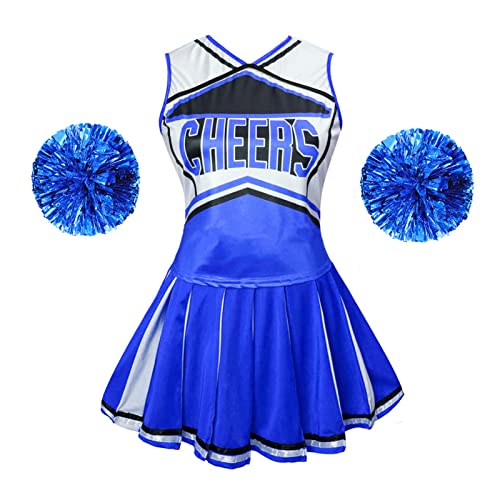 maxToonrain Cheerleader-Kostüm Damen mit Pompons in Übergröße High School Girl Outfit Fancy Top und Rock Uniform (Klassisches Blau, XX-Large) von maxToonrain