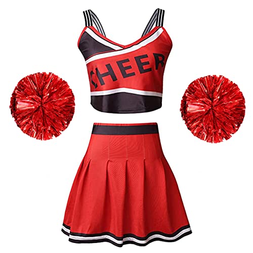 maxToonrain Cheerleader-Kostüm für Damen, Grün, Damen-Kostüm, Cheerleader, High School, Riemen, Cheerleader-Poms, Pompons + Outfit, Uniformrock, Halloween-Kostüme für Frauen (rot, Größe S) von maxToonrain