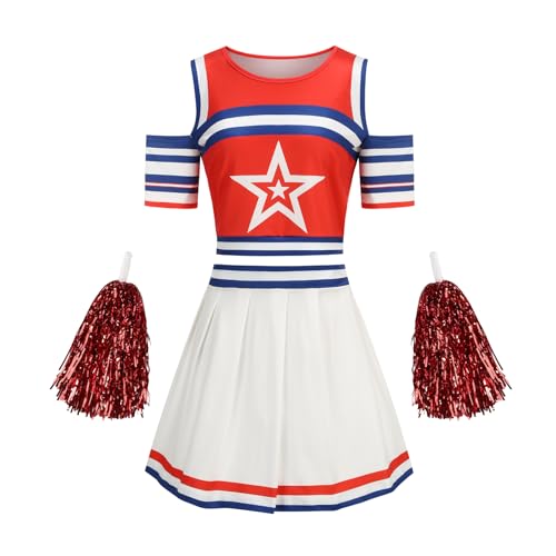 maxToonrain Cheerleader-Kostüm für Damen, Halloween, mit Zugring, Pompons, Highschool-Mädchen-Outfit, Tops und Rock, 2-teiliges Cheerleader-Uniform-Kostüm-Set (Rot, Blau und Weiß, Größe M) von maxToonrain