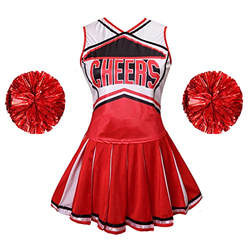 maxToonrain Cheerleader-Kostüm für Damen, Halloween mit Zugring, Pompons, High School Mädchen, Outfit, Tops und Rock, 2-teiliges Cheerleader-Uniform, Kostüm-Set (klassisches Rot, Größe L) von maxToonrain