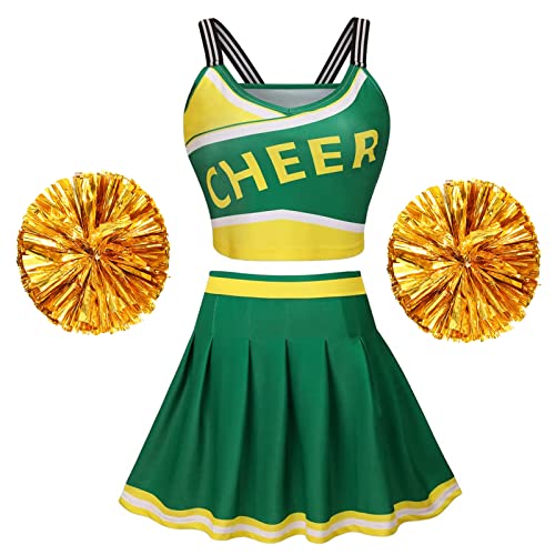 maxToonrain Cheerleader-Kostüm für Damen, Rosa, Cheerleader-Kostüm, High School Straps Cheerleader-Pompons + Outfit-Uniform-Rock-Kostüme für Damen, Halloween (grün, M) von maxToonrain