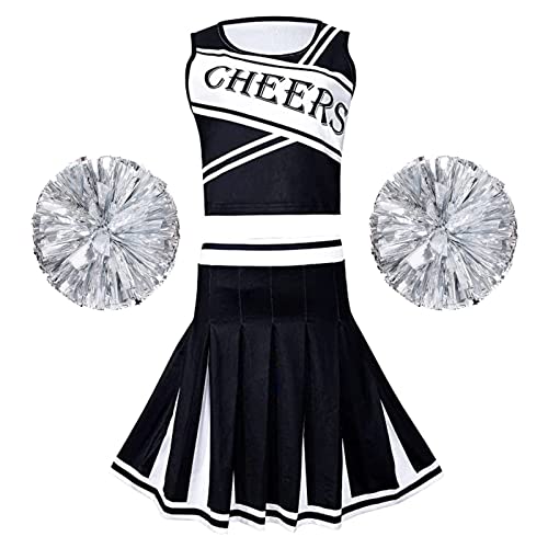maxToonrain Cheerleader-Kostüm für Damen, blau, Damen-Kostüm, Cheerleader-Kostüm, ärmellos, Cheerleader-Poms, Pompons + Outfit, Uniform, Rock, Halloween-Kostüme für Damen (Schwarz, Weiß, XL) von maxToonrain