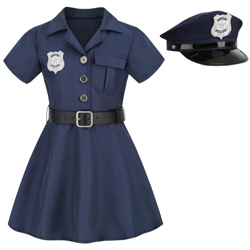 maxToonrain Deluxe Police Costume Kids Role Play Girls Police Officer Outfit for Halloween Christmas Dress Up Set with Hat (5-6 Year, Dark Blue Dress) von maxToonrain