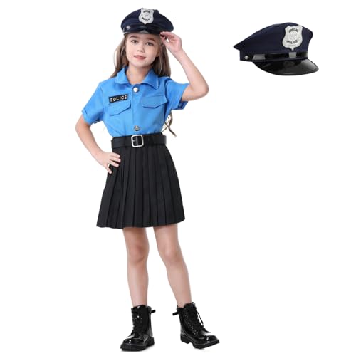 maxToonrain Deluxe Polizei-Kostüm Mädchen Rollenspiel Polizistin Outfit für Halloween Weihnachten Kinder Dress Up Set mit Hut (9-10 Jahre, blaues Hemd und schwarzer Rock) von maxToonrain