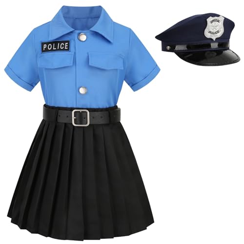 maxToonrain Deluxe Polizei-Kostüm Mädchen Rollenspiel Polizistin Outfit für Halloween Weihnachten Kinder Dress Up Set mit Hut (9-10 Jahre, blaues Hemd und schwarzer Rock) von maxToonrain
