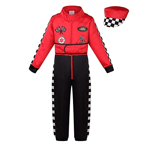maxToonrain Deluxe Rennfahrer-Kostüm für Kinder, Rollenspiel, Jungen, Rennautofahrer, Outfit für Halloween, Weihnachten, Verkleidungsset mit Hut (rot, 9–10 Jahre) von maxToonrain