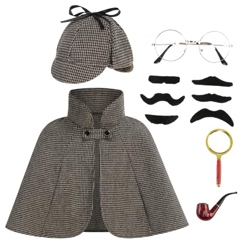 maxToonrain Detektiv-Kostüm-Set, Halloween-Kostüme, lustiger Deluxe-viktorianischer Umhang, Umhang + Hirschhut, Lupe und Kunstbart, Weltbuchtag, Verkleidung für Jungen/Mädchen (dunkler Kaffee, 6 Stück maxToonrain Detektiv-Kostüm-Set, Halloween-Kostüme, lustiger Deluxe-viktorianischer Umhang, Umhang + Hirschhut, Lupe und Kunstbart, Weltbuchtag, Verkleidung für Jungen/Mädchen (dunkler Kaffee, 6 Stück von maxToonrain