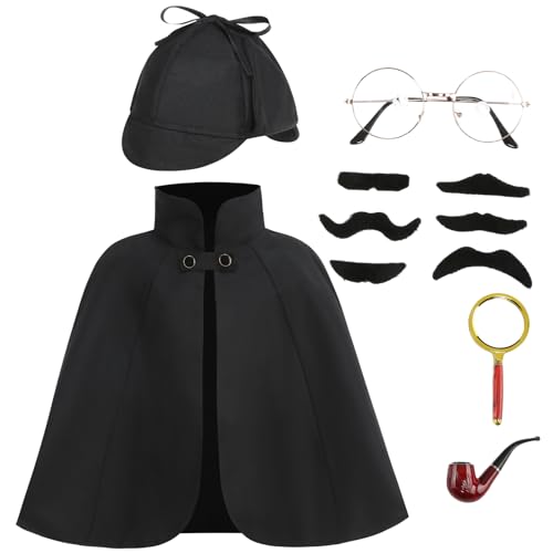 maxToonrain Detektiv-Kostüm-Set, Halloween-Kostüme, lustiger Deluxe-viktorianischer Umhang/Umhang + Deerstalker-Hut + Lupe + Kunstbart, Weltbuchtag, Verkleidung für Jungen/Mädchen (Schwarz, 6 Stück maxToonrain Detektiv-Kostüm-Set, Halloween-Kostüme, lustiger Deluxe-viktorianischer Umhang/Umhang + Deerstalker-Hut + Lupe + Kunstbart, Weltbuchtag, Verkleidung für Jungen/Mädchen (Schwarz, 6 Stück von maxToonrain