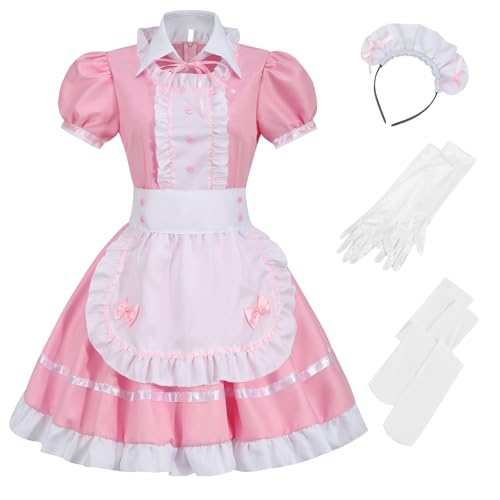 maxToonrain Dienstmädchen-Kostüm-Zubehör, Damen-Kostüm, Anime, Halloween, Cosplay, Party, niedliche Lolita, französische Schürze und Katzenohren, Dienstmädchen-Outfit-Set für Damen und Mädchen (Rosa von maxToonrain