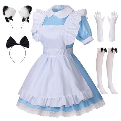 maxToonrain Dienstmädchen-Kostüm für Damen, Alice-Puppenkragen, Kleid, Geschenke, Dienstmädchen-Outfit-Set für Damen und Mädchen, 6-teilig, Blau, Größe M von maxToonrain