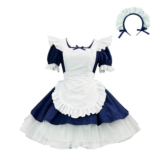 maxToonrain Dienstmädchen-Kostüm für Damen, französisches Kleid, Lolita, Valentinstagsgeschenk, Dienstmädchen-Outfit-Set für Damen und Mädchen (4-teilig) (Marineblau, M) von maxToonrain
