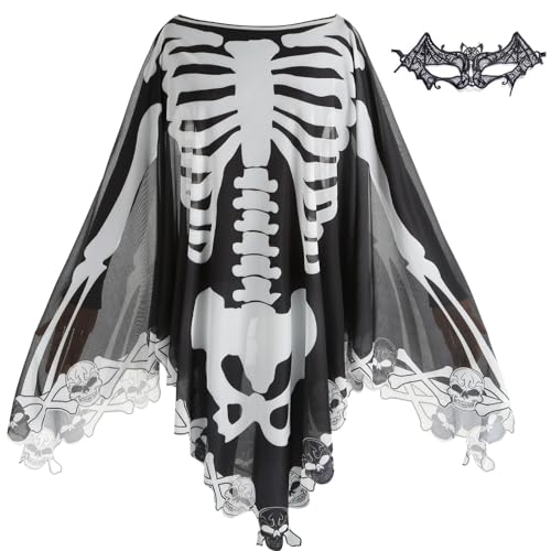 maxToonrain Halloween-Kostüm, Spitzenskelett-Poncho, Geistergeist, Tag der Toten, gruseliges Kostüm mit Fledermausmaske, 150 x 150 cm (Totenkopf und Knochen, schwarz) von maxToonrain