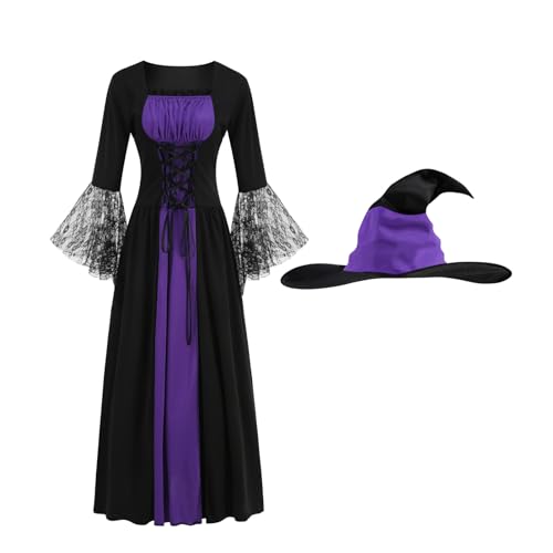 maxToonrain Hexenkostüm-Set für Damen, Cosplay-Kostüm, böser Hexenhut, Halloween-Kostüme, Outfits für Damen (schwarz-lila, geteilter Stil, Größe M) von maxToonrain