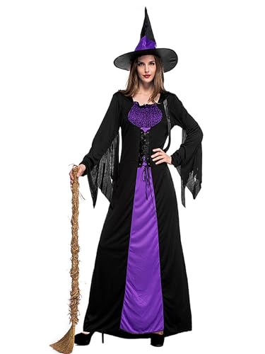 maxToonrain Hexenkostüm für Damen, Rot, Halloween-Kostüm, Cosplay, Party, böser Hexenhut + Kleider, Outfits für Mädchen (Lila Fleck, XL) von maxToonrain
