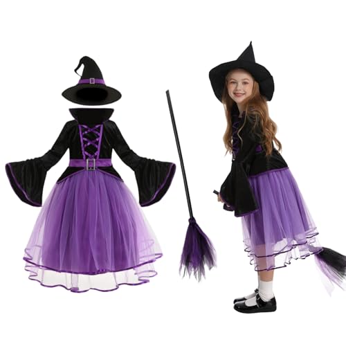 maxToonrain Hexenkostüm für Kinder, 4–9 Jahre, Halloween-Kostüme mit Hexenhut und Besen, volle Länge, violetter Tutu-Saum (8–9 Jahre, Größe XL) von maxToonrain
