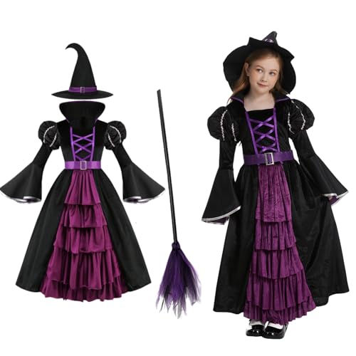 maxToonrain Hexenkostüm für Kinder, schwarze und violette Puffärmel mit Hexenbesen, Halloween-Kostüme für 4–12 Jahre Mädchen (8–10 Jahre, groß) von maxToonrain