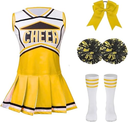 maxToonrain Klassische gelbe Cheerleading-Uniform für Kinder, 5-teiliges Set mit Pompons, Oberteil, Rock, Socken und Stirnband maxToonrain Klassische gelbe Cheerleading-Uniform für Kinder, 5-teiliges Set mit Pompons, Oberteil, Rock, Socken und Stirnband von maxToonrain