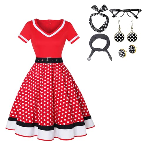 maxToonrain Kostüm für Erwachsene und Damen, Kleider für Damen, Vintage-Stil, Cocktail-Party, gepunktetes Kleid, Halloween-Kostüme für Damen (rote Punkte, Größe M) von maxToonrain