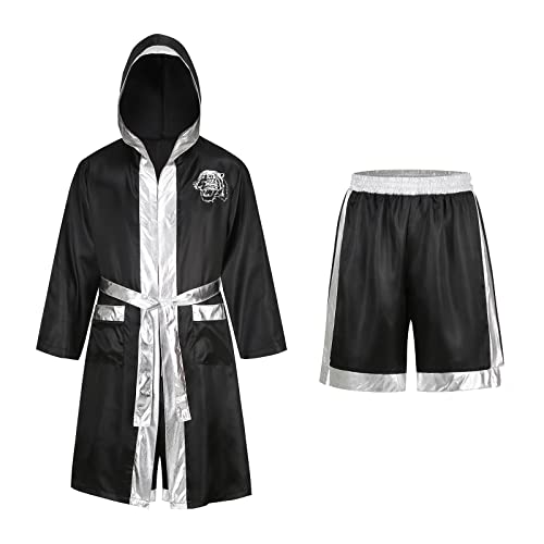 maxToonrain Lustiges Boxer-Kostüm für Herren, Holloween-Kostüm, lustiger Fleckendruck, mit Kapuze, Boxkostüm, Robe und Boxershorts, Outfit (Silber, L) von maxToonrain