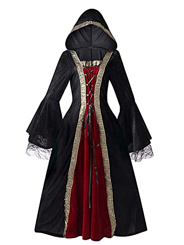 maxToonrain Mittelalterliches Kostüm für Damen, Halloween-Kostüme, Renaissance-Kleid, Burgunderrot, Vintage, Gothic, Samt, viktorianisches Kleid, Weltbuch-Kostüm für Damen (Schwarz, Größe 2XL) von maxToonrain