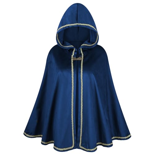 maxToonrain Mittelalterliches Kostüm für Damen, blauer Umhang, Renaissance-Umhang, mit Kapuze, viktorianisches Halloween, Welttag des Buches, Kostüm-Zubehör für Damen (Blau, 65 cm) von maxToonrain