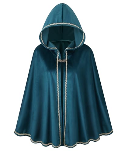 maxToonrain Mittelalterliches Kostüm für Damen, grüner Umhang, Samt, Renaissance, Kapuzenumhang, Halloween, Welttag des Buches, Kostüm, Verkleidung für Damen, Spitze, Blaugrün, 65 cm maxToonrain Mittelalterliches Kostüm für Damen, grüner Umhang, Samt, Renaissance, Kapuzenumhang, Halloween, Welttag des Buches, Kostüm, Verkleidung für Damen, Spitze, Blaugrün, 65 cm von maxToonrain