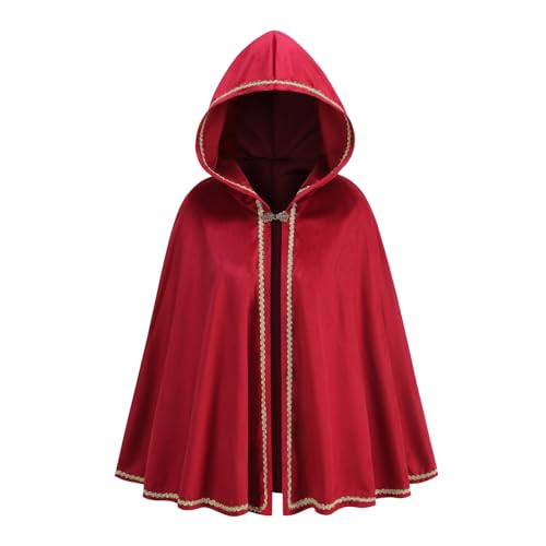 maxToonrain Mittelalterliches Kostüm für Damen, grüner Umhang, Samt, Renaissance, Kapuzenumhang, Halloween, Welttag des Buches, Kostüm für Damen, Spitzenrot, 65 cm von maxToonrain