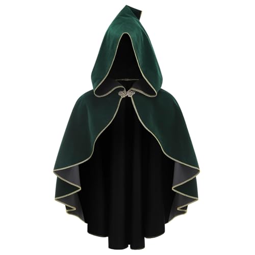 maxToonrain Mittelalterliches Kostüm für Damen, grüner Umhang, Samt, Renaissance, Kapuzenumhang, Halloween, Welttag des Buches, Kostüm für Damen (Kapuze, gerollter Rand, Grün, 55 cm) von maxToonrain