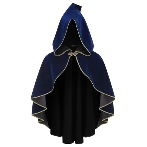 maxToonrain Mittelalterliches Kostüm für Damen, grüner Umhang, Samt, Renaissance, Kapuzenumhang, Halloween, Welttag des Buches, Kostüm für Damen (Kapuze, gerollter Rand, blau, 55 cm) von maxToonrain
