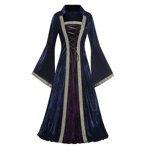 maxToonrain Mittelalterliches Kostüm für Damen mit Kapuze, Vintage-Samt, viktorianisches Renaissance-Kleid, Cosplay, Party, Halloween, Kostüme für Damen (Stehkragen, Blau, Lila, Größe M) von maxToonrain