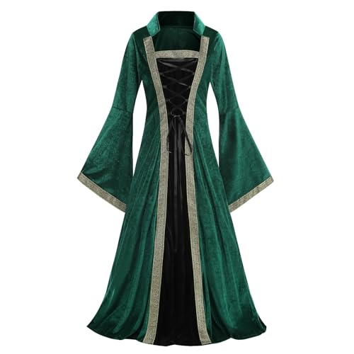 maxToonrain Mittelalterliches Kostüm für Damen mit Kapuze, Vintage-Samt, viktorianisches Renaissance-Kleid, Cosplay, Party, Halloween, Kostüme für Damen (Stehkragen, Schwarz / Grün, Größe L) von maxToonrain