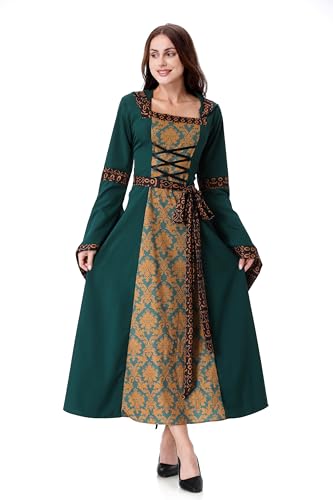 maxToonrain Mittelalterliches Kostüm für Damen mit Kapuze, Vintage-Samt, viktorianisches Renaissance-Kleid, Cosplay, Party, Halloween, Kostüme für Damen (bedruckt, Gelbgrün, Größe M) von maxToonrain