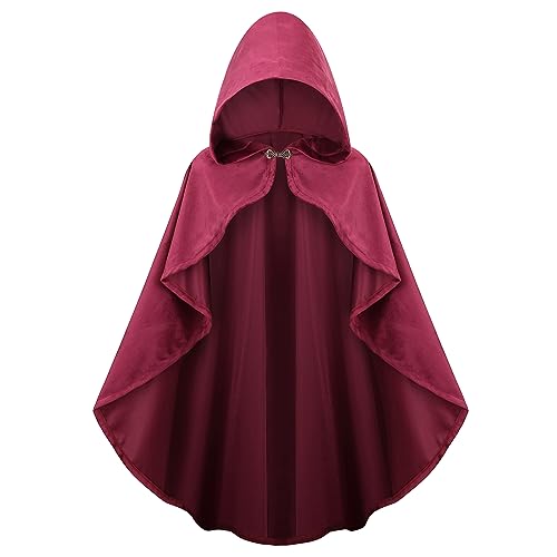 maxToonrain Mittelalterliches Kostüm mit Kapuze, Nordritter, Renaissance, Kapuzenumhang, Vintage, Gothic, Hexe, Zauberer, viktorianisches Halloween-Kostüm (Dunkelrot, 90 cm, Damen) von maxToonrain