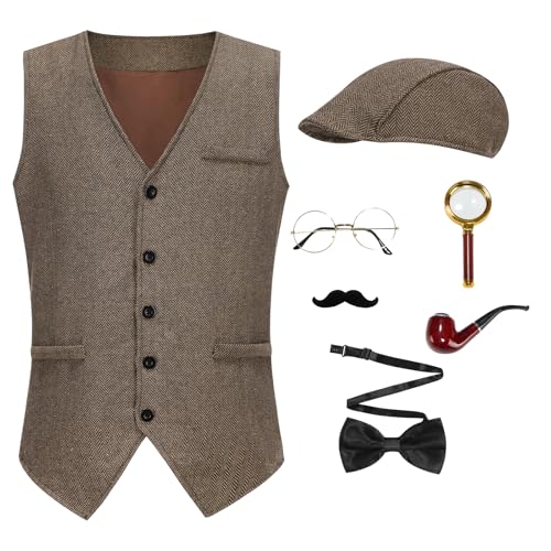 maxToonrain Morseanzug für Erwachsene, Sherlock-Holmes-Kostüm, Halloween, Cospaly, Outfi, 7-teilig (Braun, M) von maxToonrain