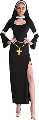 maxToonrain Nonnen-Kostüm für Damen, Halloween-Kostüme für Erwachsene, lustiges Cosplay-Party, Kreuz und Kopfbedeckung, Nonnen-Outfit für Damen (D-Stil, M) von maxToonrain