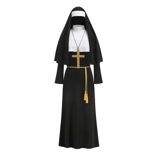maxToonrain Nonnen-Kostüm für Damen, Halloween für Erwachsene, mit Umhang, lustiges Kostüm, Cosplay, Party, Accrssories, Nonnen-Outfit für Damen, 4-teilig (E-Stil, S) von maxToonrain