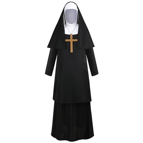 maxToonrain Nonnenkostüme für Damen, Übergröße, Halloween-Kostüm für Erwachsene, lustig, Cosplay-Party, Gürtel, goldfarbenes Kreuz, Kopfbedeckung, Nonnen-Outfit für Damen (C-Stil, XL) von maxToonrain