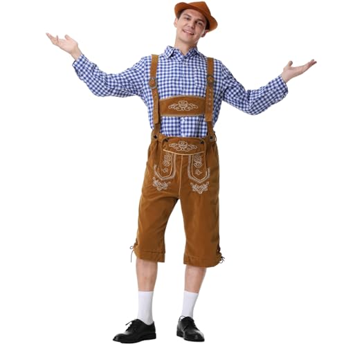 maxToonrain Oktoberfest Outfit Herren mit bayerischem Hemd Herren Lederhose Kostüm für Deutsches Bierfest Halloween Weihnachten Feiern (Blaues Gitter und Braune Hose, X-Large) von maxToonrain