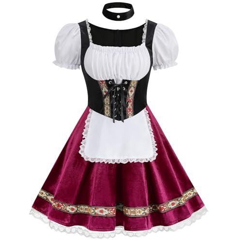 maxToonrain Oktoberfest-Outfit für Damen, traditionelles deutsches Bier, bayrisches traditionelles kurzärmeliges Samt-Halloween-Kostüm für Damen (Rot, Größe S) von maxToonrain