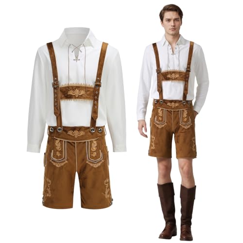 maxToonrain Oktoberfest-Outfit für Herren mit weißem bayerischem Hemd, Lederhosen-Kostüm für deutsches Bierfest, Halloween, Weihnachten (hellbraune Hose, Größe XXL) von maxToonrain