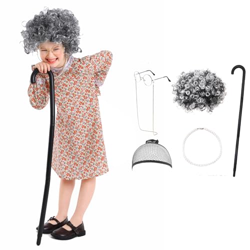maxToonrain Oma-Kostüm für Kinder, Mädchen, Welttag des Buches, lustiges Kostüm für alte Dame, Verkleidung mit Oma-Perücke, Zubehör für Halloween, Cosplay-Party (orangefarbene Blumen, L) von maxToonrain